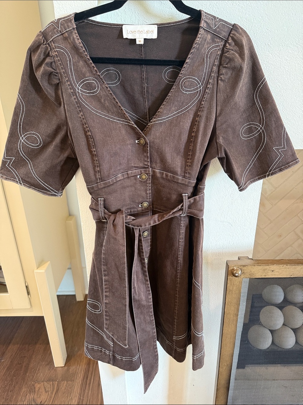 Love the Label Brown Embroidered V-Neck Tie-Waist Dress
